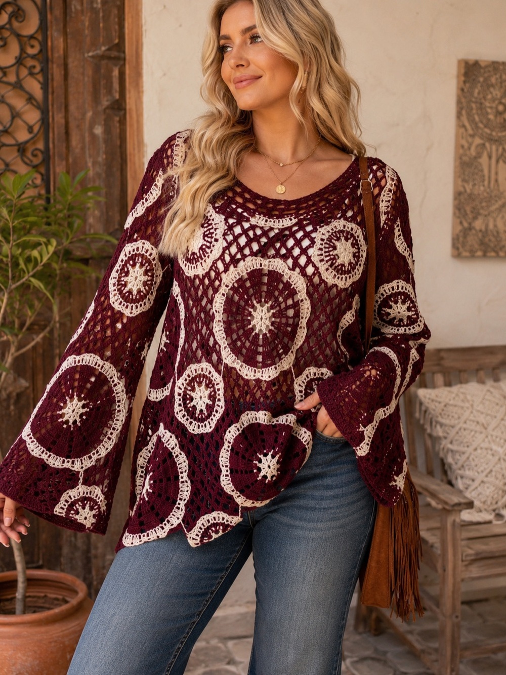 LIV Los Angeles Maroon Cream Crochet Bell Sleeve Boho Top 2X